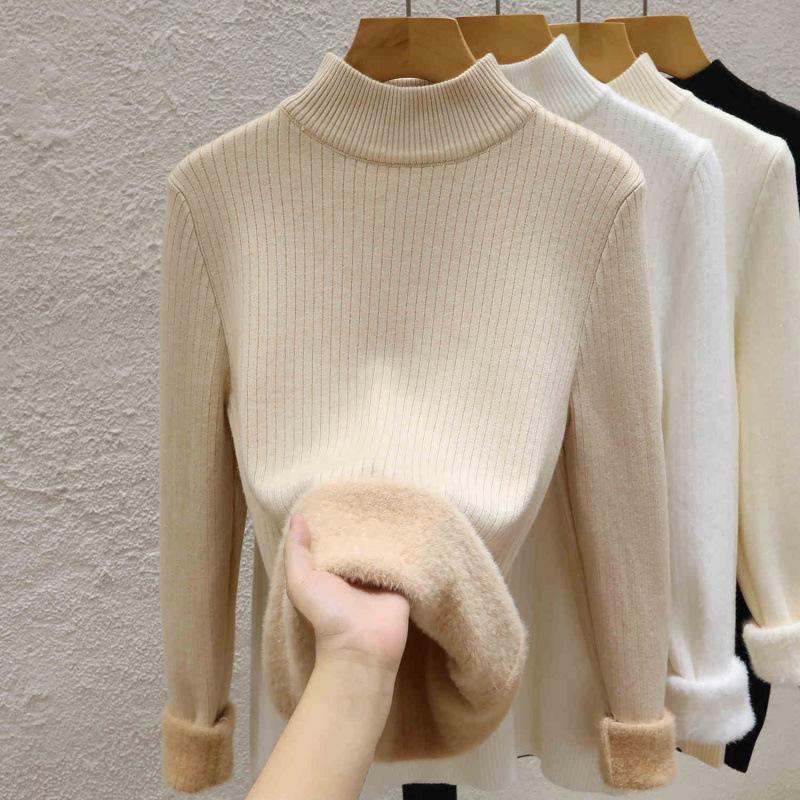 Semi-turtleneck Sweater Women's Thickened Fleece Knitted Bottoming Shirt Autumn and Winter New Integrated Fleece Top