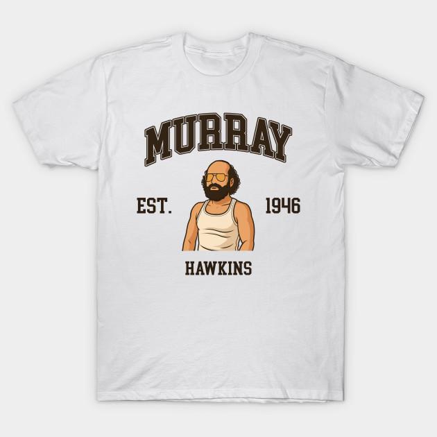 

Men Black Print T-shirt Retro Stranger Things Murray Characters Est 1946 No-Cut Transfer Paper Print Cotton Tshirt 3XL белый