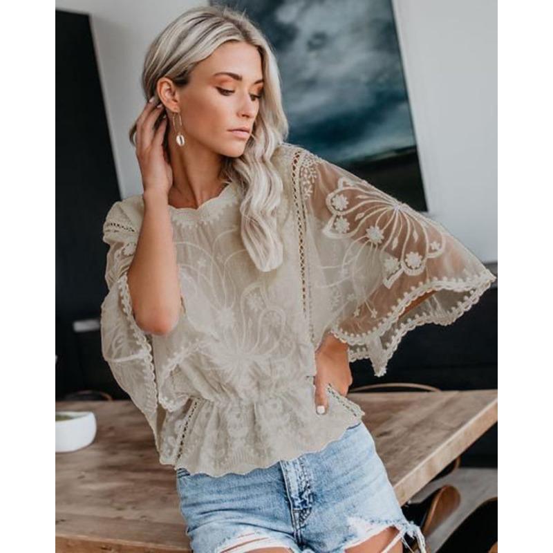 Nuova Moda Pizzo Estate Camicetta Donna Manica Corta Larga Camicia Manica a Pipistrello Top Larghi da Donna Scollo a O Tinta Unita Elegante Slim Fit Abbigliamento da Ufficio