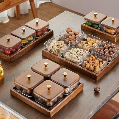 Walnut Wood Luxury Glass Fruit Bowl with Lid - Home Living Room Snack, Candy & Dried Fruit Box.
