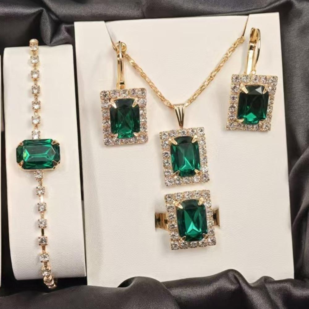 European and American Square Diamond Jewelry Set, Colorful Rhinestone Necklace, Earrings, Ring Bracelet Set, Bridal Jewelry.