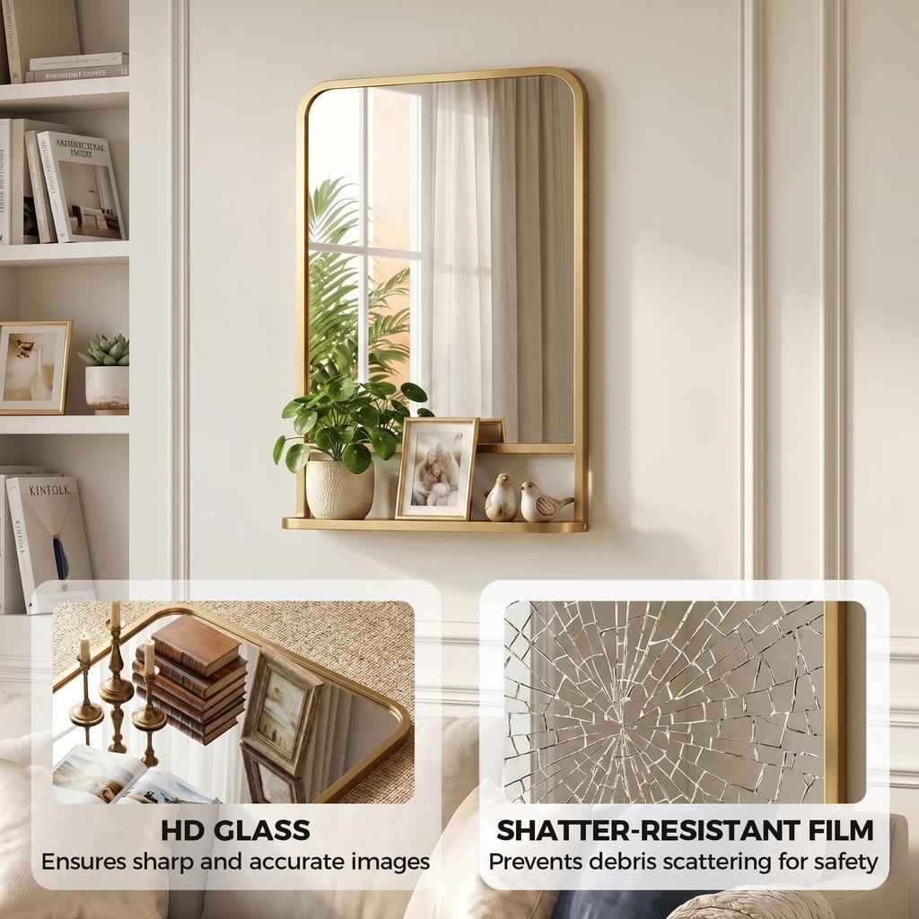 Modern Rectangular Wall Mirror with Storage Shelf, 70 x 50 cm, Gold Tone