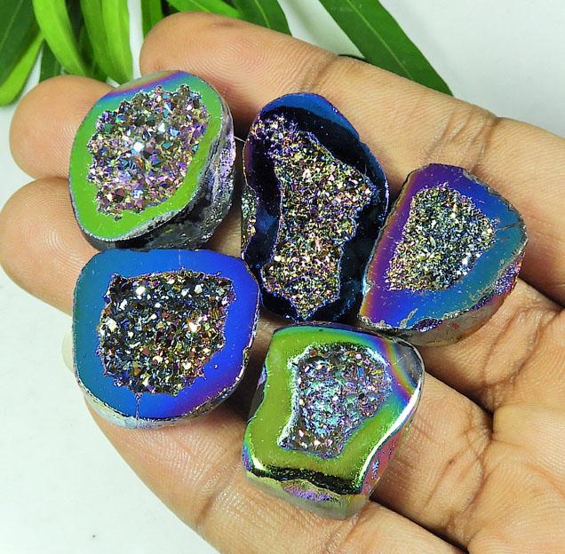 23-31 MM Rainbow Titanium Aura Agate Druzy Fancy Loose Gemstone 5 Pcs Lot SY-103