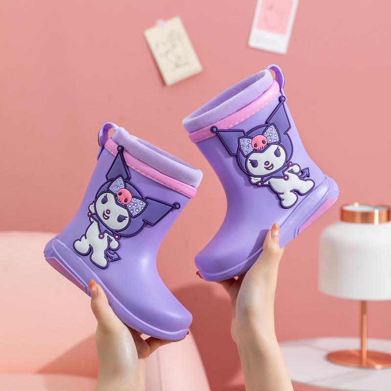 Children's Rain Boots with Fleece Lining Kuromi Cinnamoroll Hello Kitty Girls' Rain Boots Non-Slip Kids' Rubber Shoes