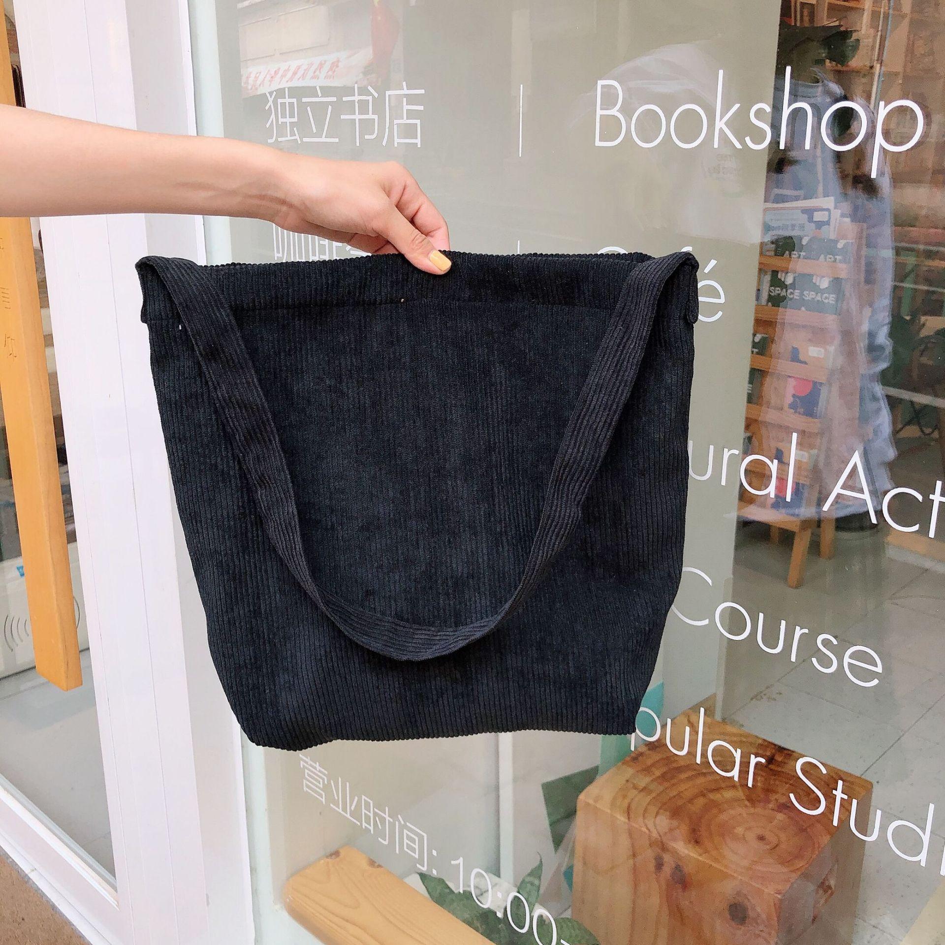 

1 Retro corduroy pure black shoulder messenger bag student literary cloth bag large capacity tote bag чёрный