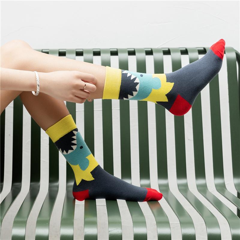 Combed Cotton Cartoon Animal Shark Dinosaur Monster Crocodile Zebra Giraffe Geometric Novelty Funny Unisex Couple Socks Dropship