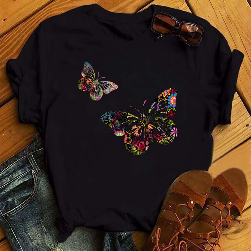 Women Flower Butterfly Fashion Print T Shirt Casual Short Sleeve Ladies T Tee Female Top Shirt Clothes Womens Graphic T-shirt