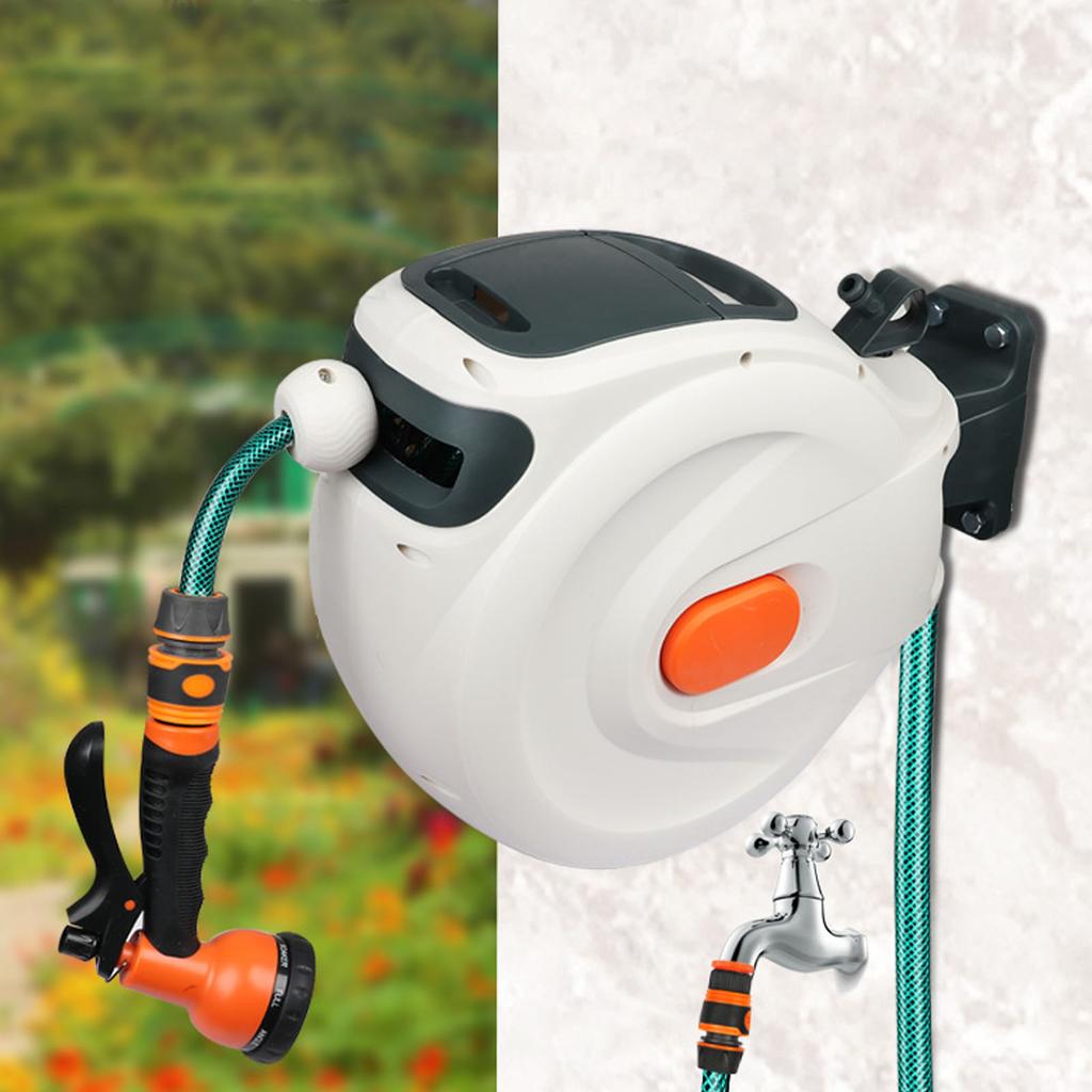 Retractable Garden Hose Reel Slow Return Auto Rewind Retractable Garden Hose Reel Wall Mount with Sprayer Nozzle for Car Wash