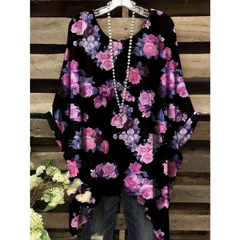 Elegant bohemian resort style large size simple floral print crew neck T-shirt S