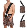 Men Caveman Halloween Costume One Shoulder Strap Leopard Print Skirt with Stuffed Bone Waist Decor and Irregular Trim for Party Night