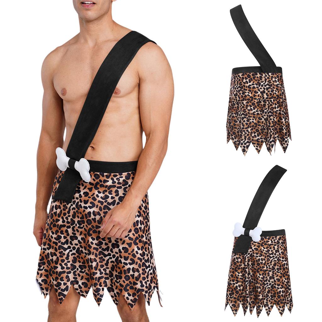 Men Caveman Halloween Costume One Shoulder Strap Leopard Print Skirt with Stuffed Bone Waist Decor and Irregular Trim for Party Night