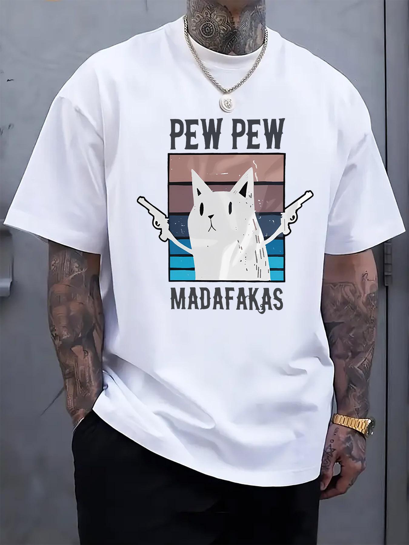 Casual Crew Neck T-shirt with Humorous Gun-Wielding Cat Print S