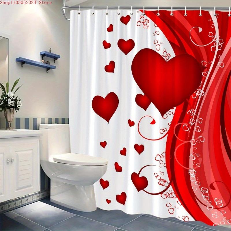 1Pc Heart Shaped Valentine S Day Shower Curtain - With Hooks Waterproof Mildew Proof Easy Install Washable