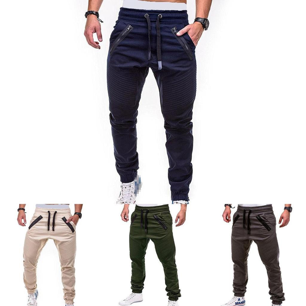 Men's Slim Fit Cuffed Trousers With Adjustable Waist And Multiple Pockets