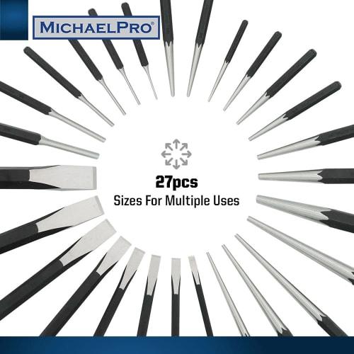 MichaelPro 27-Piece Heavy-Duty Chisel and Punch Set | Center Punch, Pin Punch, Long Taper Punch, Starter Punch, and Chisel Gauge | CR-V Steel - Includ