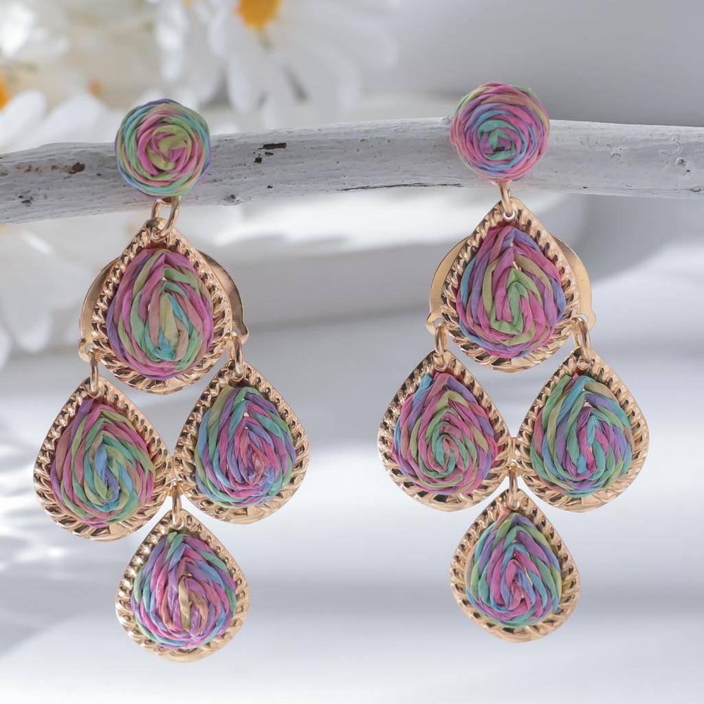 Raffia Water Drop Tassel Earrings - High-End European and American Style for Women