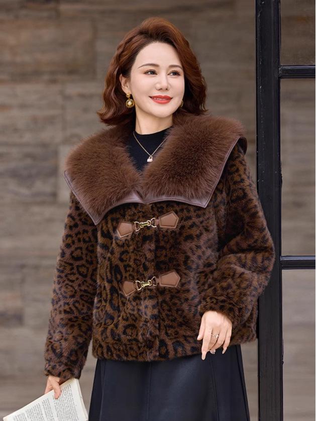 Women's Leopard Print Fur Collar Leather-Fur Jacket – Autumn/Winter Fashion Short Coat