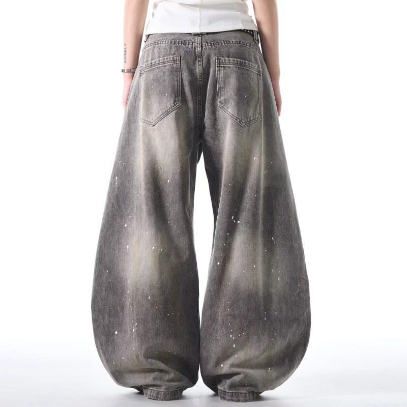Vintage Washed Denim Wide-Leg Straight Jeans Men Women Gray Loose Fit Streetwear Casual Pants