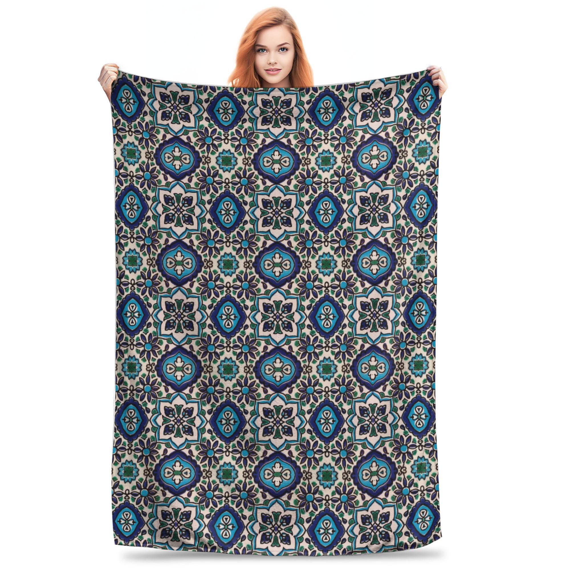 

Flannel Throw Blanket Abstract Vibrant Oriental Japanese Floral Tile Pattern Colorful Geometrical Flowers Blankets for Bed Room 80x120cm