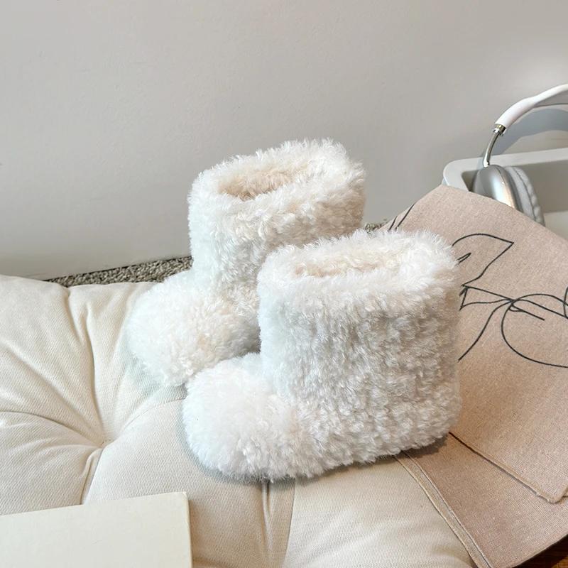 Luxury Thick Teddy Fur Boots Baby Girl Fluffy Warm Plush Booties Toddler Child Winter Brand Design Round Toe Slip-on Cotton Shoe