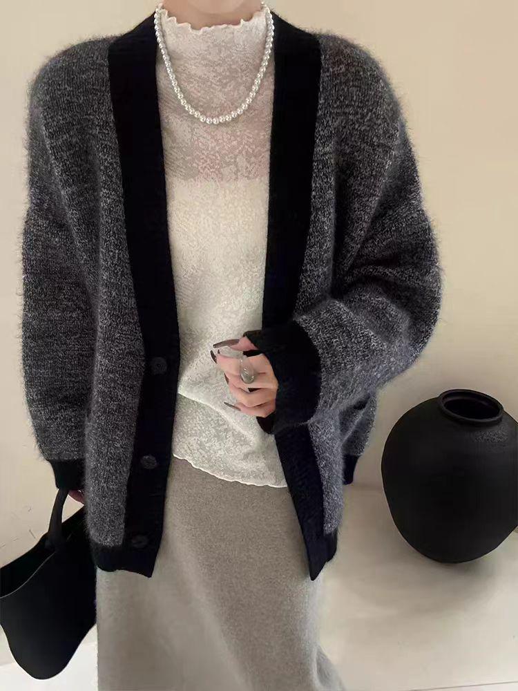 Women's Mid-Length Heavyweight Wool Cardigan Coat - V-Neck, Thick Knit, Autumn/Winter