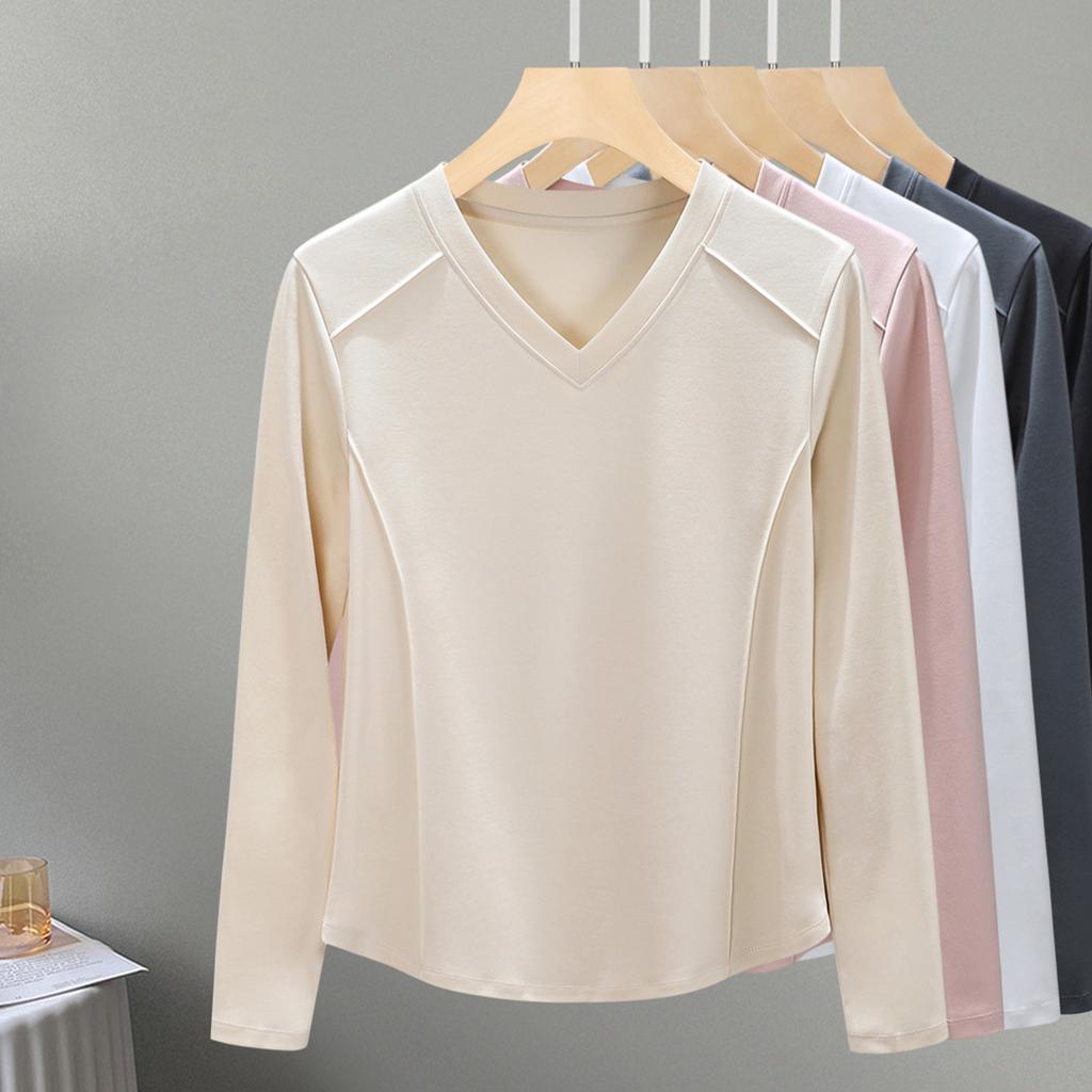 High-quality Xinjiang Cotton Long-sleeved Women's Front Shoulder Mercerized Cotton Outer Wear with White Spring Bottoming Shirt