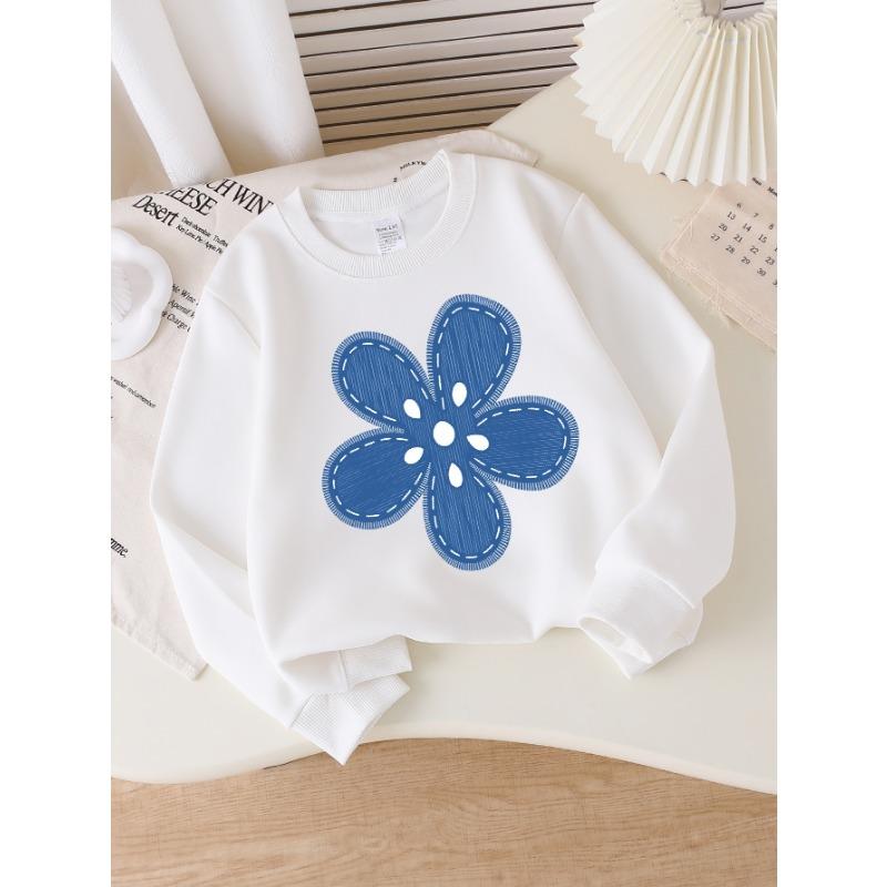 European sizes Girls' Long-Sleeve Round Neck Sweatshirt "Blue Stitched Flower" Print, Spring/Autumn, Casual, Daily & Sports.