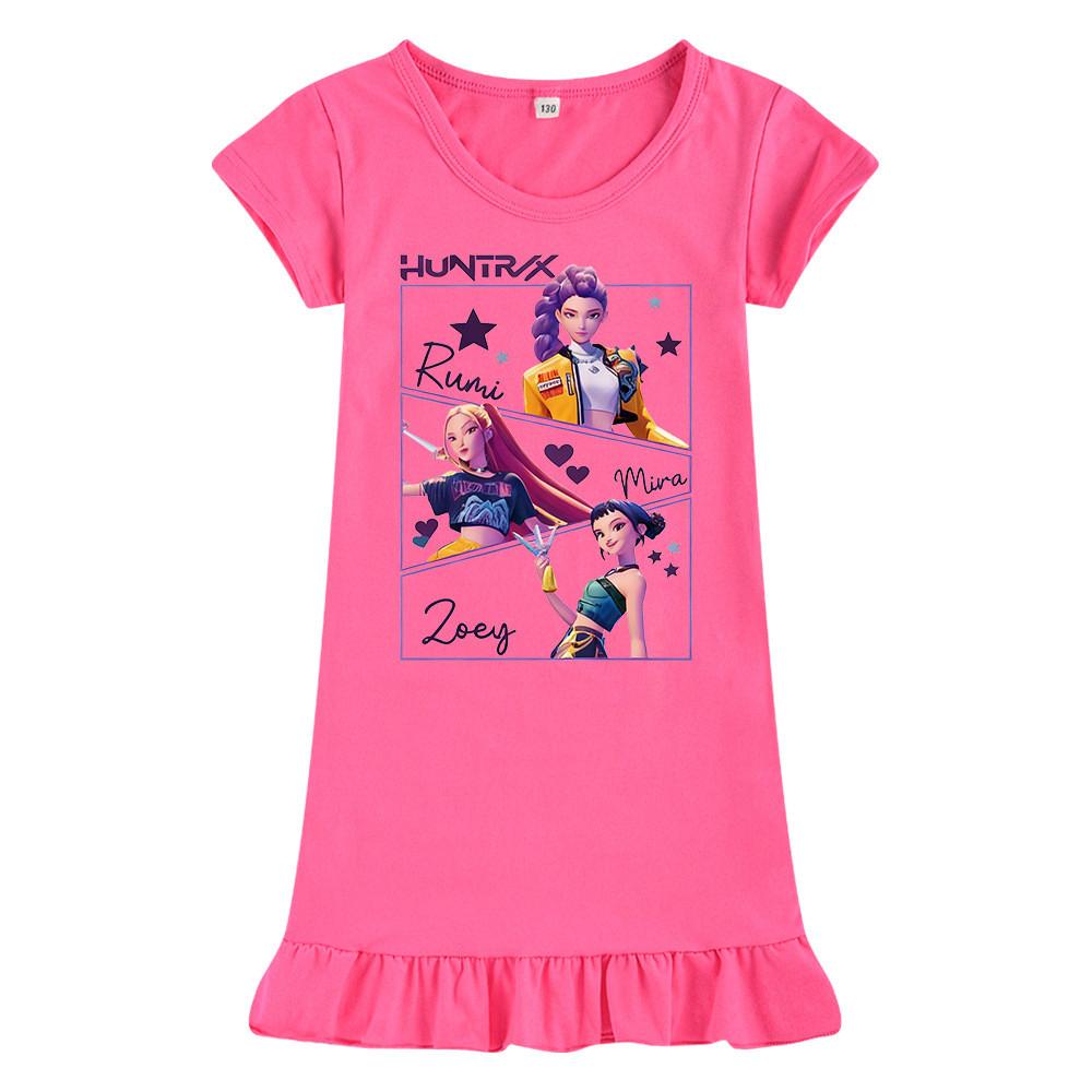 M1241 Kids Girls Kpop Rumi Zoey Mira Print Short Sleeves Ruffle Dress