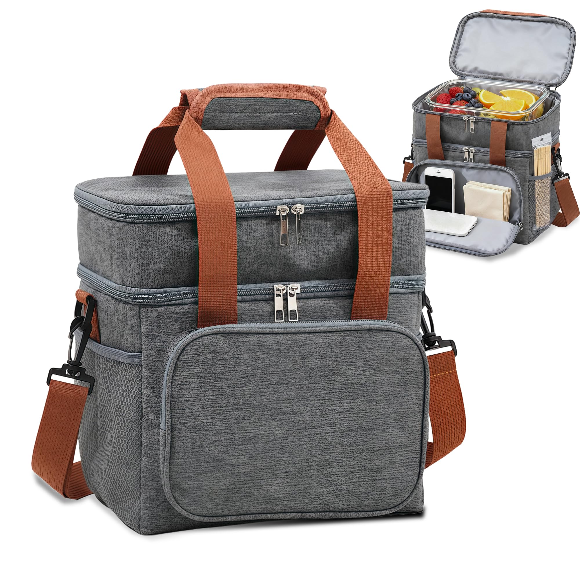 

16 л Изолированная сумка для ланча, Унисекс, 2-ярусный ланч-бокс, Непромокаемая изолированная сумка-холодильник, Многоразовая сумка-тоут для ланча с регулируемым плечевым ремнем для офиса,