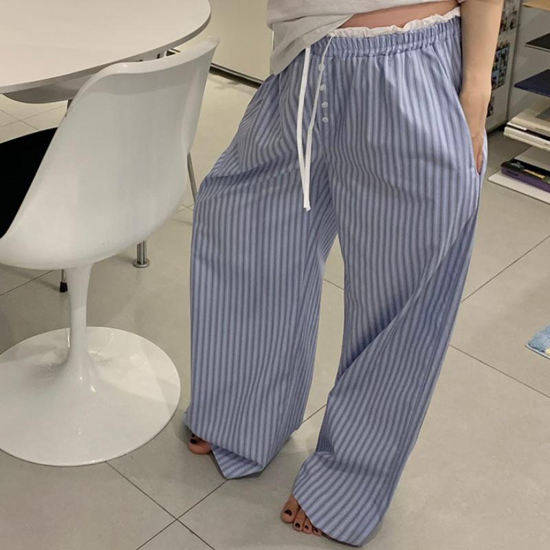 Korean Chic Women s Wide-Leg Striped Patchwork Pants with Tie Waistband One Size