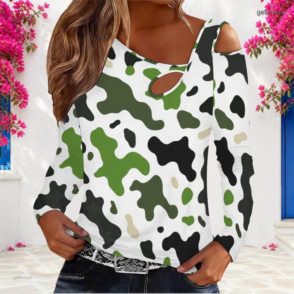 Women Plus Size Asymmetric Cutout Neck Cold Shoulder Long Sleeve Green Black White Printed Top