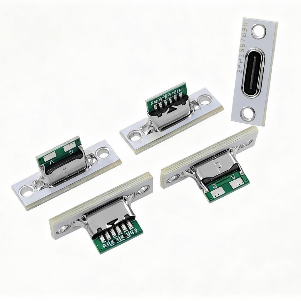 USB Type-C Female Port, 6-Pin, 5V Charging Only, White Fixing Tab, Dual 5.1K Resistors, 2 Solder Points.