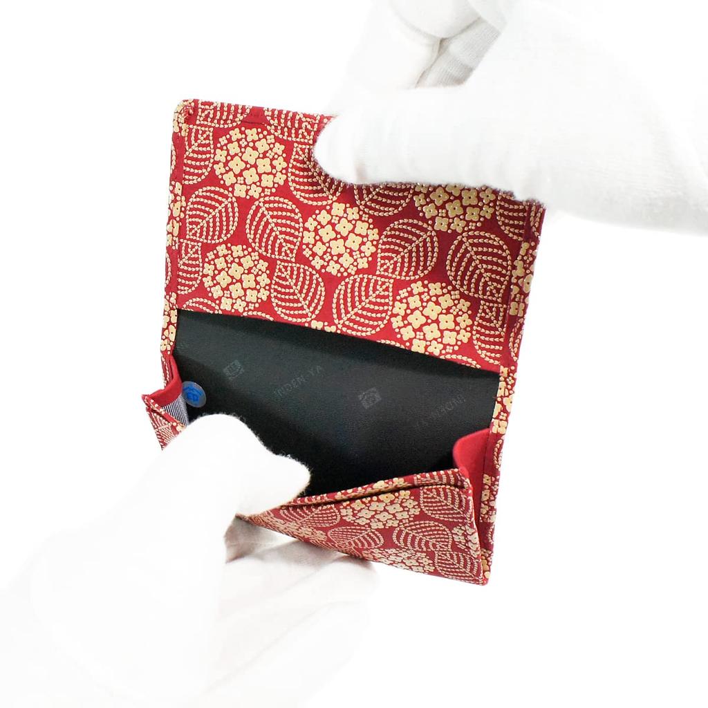 [Inden-ya] Inden Business Card Case, Large Capacity, Deerskin Leather, Red with White Lacquer, Hydrangea Pattern, 2501-13-174