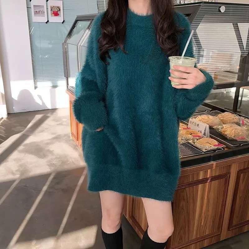 Women's Korean Style Loose Mink Cashmere Pullover Sweater - Candy Color, Thickened, Autumn/Winter Knit
