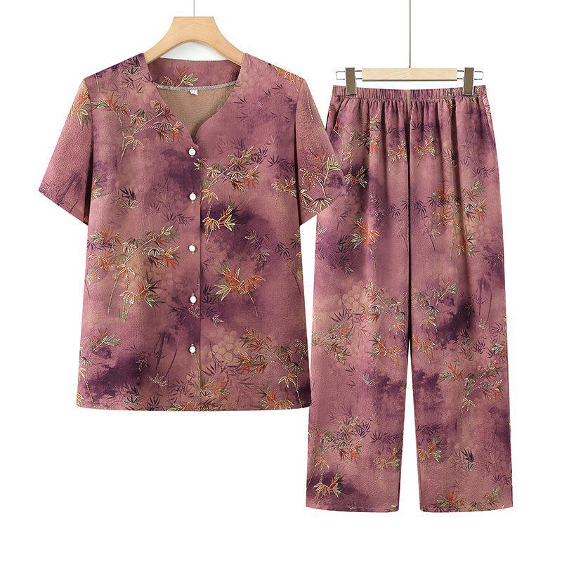 Elderly Women s Round-Neck Short-Sleeve Two-Piece Summer Set 2XL (suggested 100-115 jin)