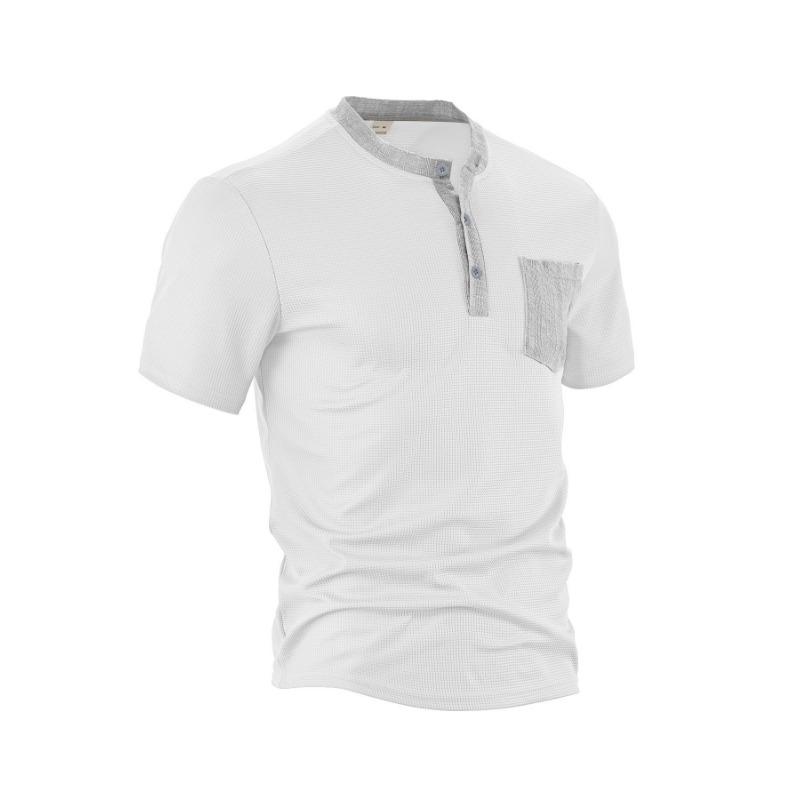 Men's New Summer Patch Pocket Placket Color Block Polyester Waffle Henley Shirt