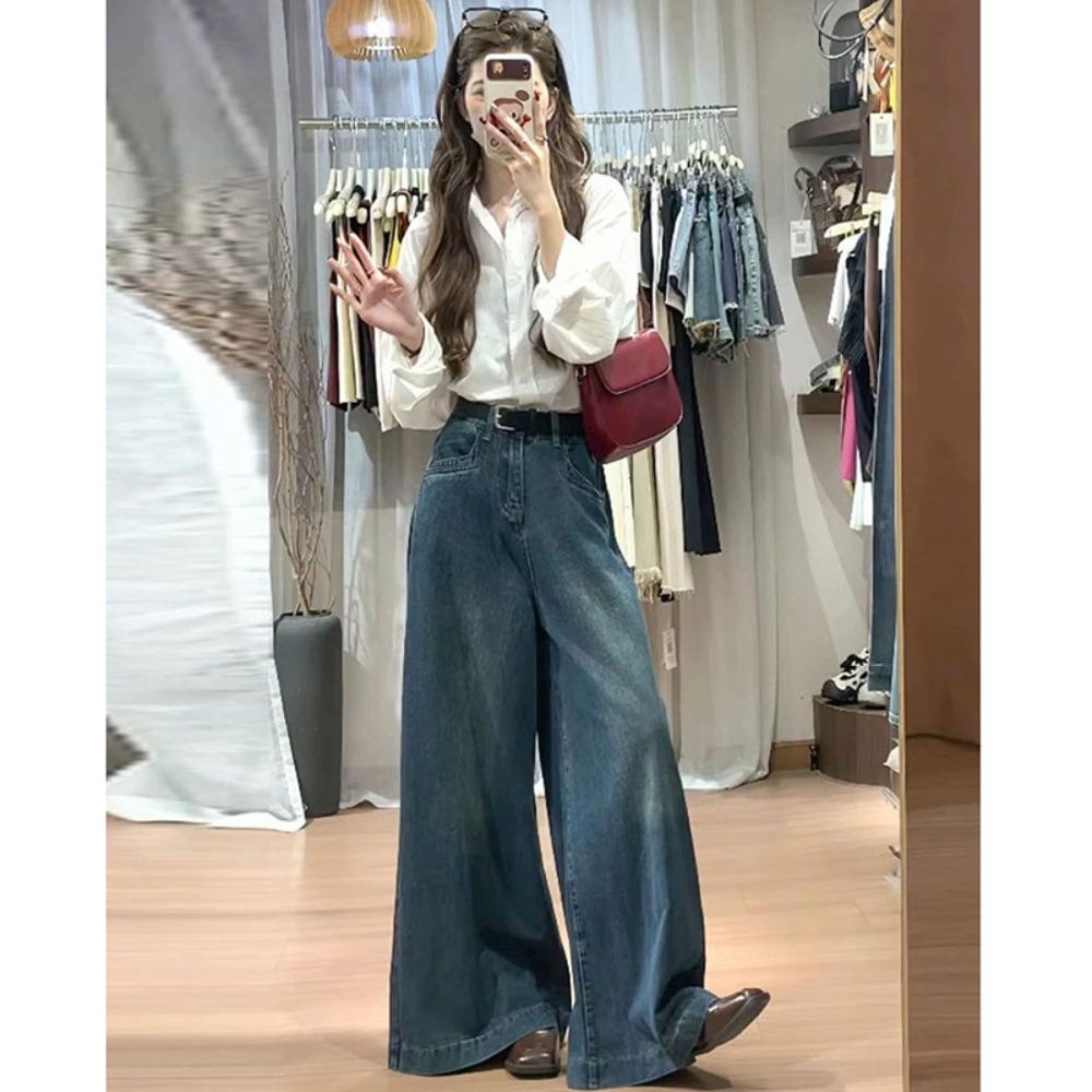 

Корейская версия персонализированных джинсов широкого кроя весна и осень новые универсальные с высокой посадкой свободные тонкие и высокие джинсы, подметающие пол 2XL