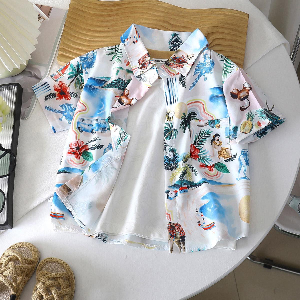 Мальчишеская рубашка в стиле пляжного отдыха - Летняя стильная свободная рубашка с коротким рукавом для детей 100cm