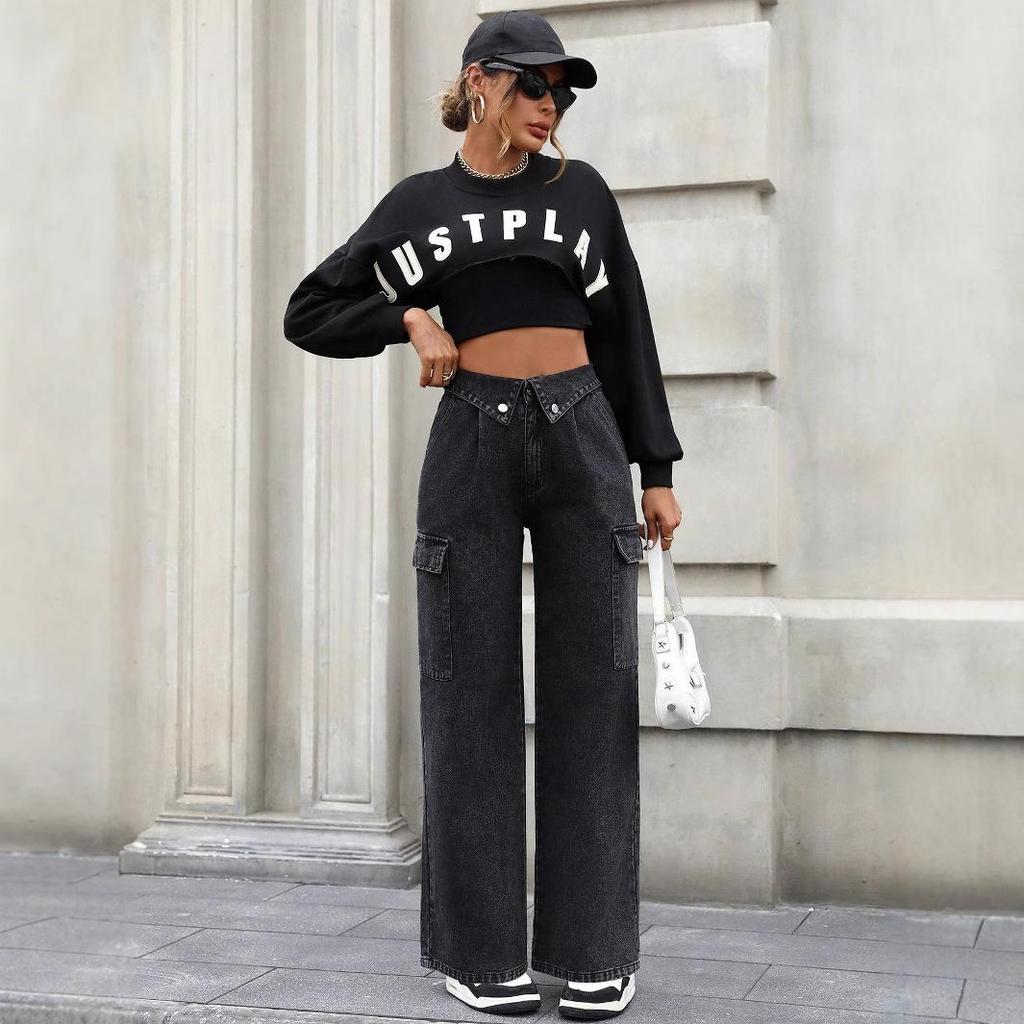 In-Stock Women's European & American Style Casual Loose Denim Pants with Large Pockets