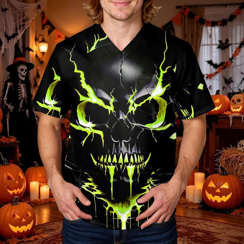 Men's Halloween Printed V-Neck Short Sleeve Scrub Top with Pocket