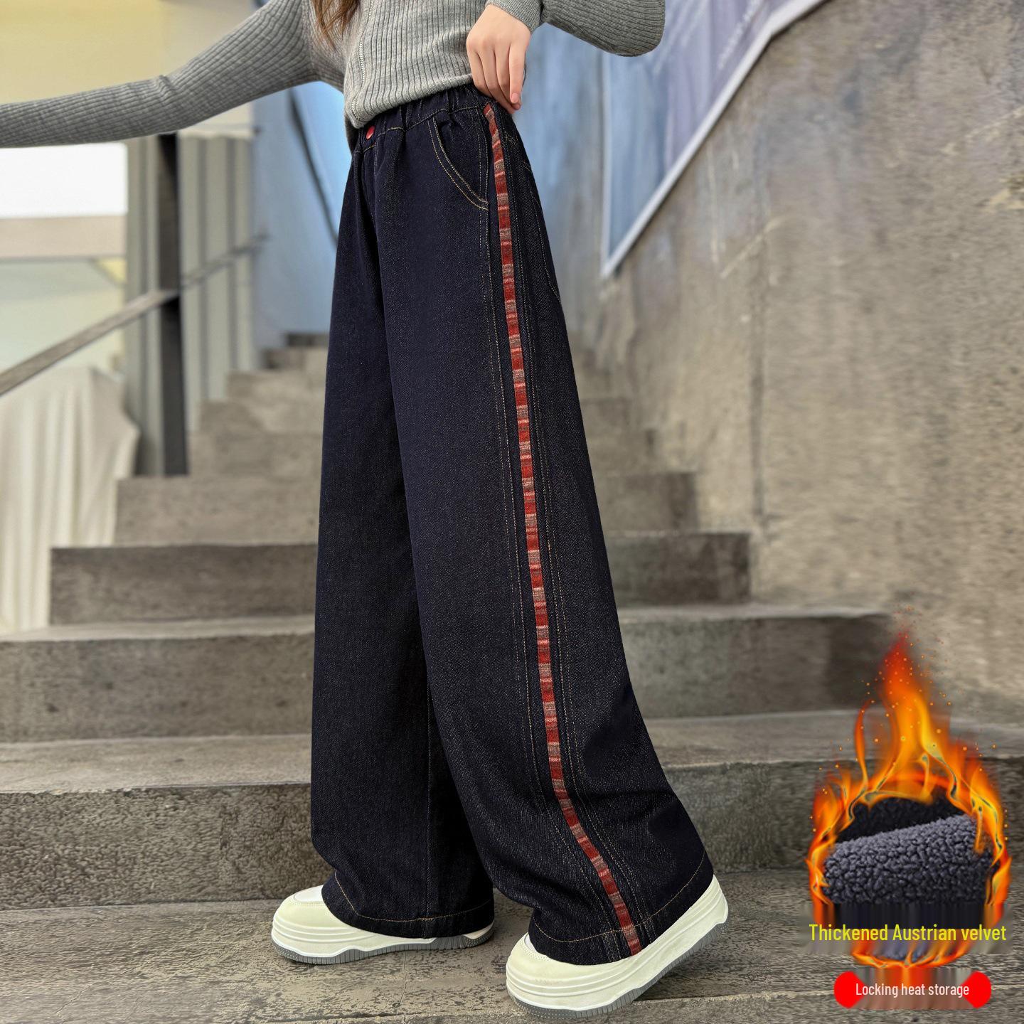 

2025 Girls Fleece-Lined Winter Pants: Thick, Wide-Leg Jeans for Big Kids 150 cm