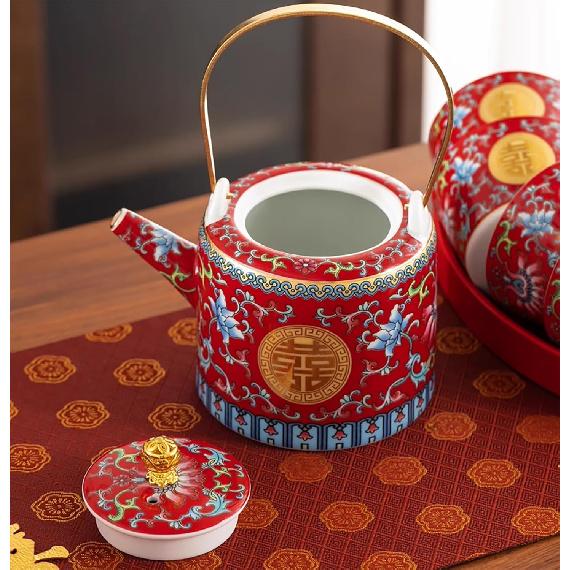 Chinese Double Happiness Red Wedding Tea Set,Porcelain Wedding Tea Set,Beam Handle, Comfortable To Hold,for Newlyweds, Friends Chinese Traditional