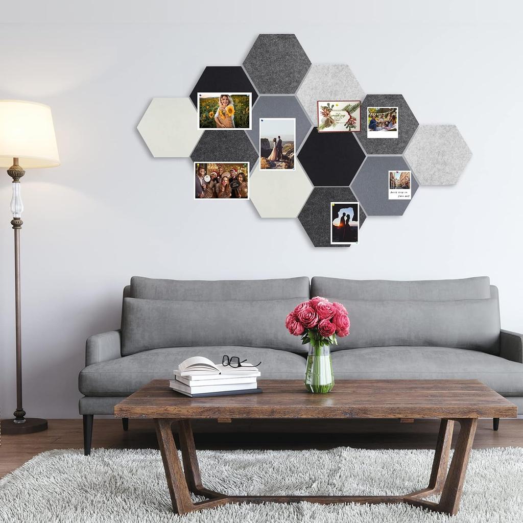 Tikea Hexagon Felt Bulletin Board, 6Pcs Large Pin Boards 11.8 x 10.2 x 0.5IN Self Adhesive Photos Memo Notice Felt Board Tiles for Wall Office Home