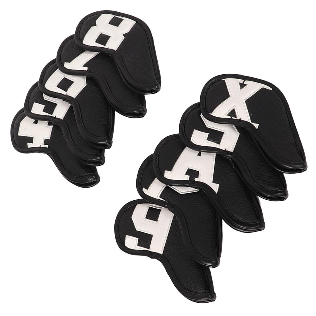10pcs Set PU Waterproof Golf Club Iron Cover Fine Sewing Process Golf Club Head Protect Case(White Character Black Background )