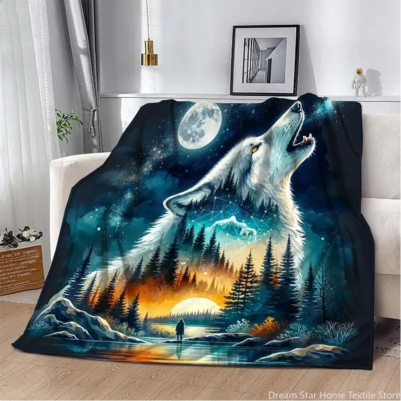 3D Animal Wolf Cute Cartoon Flannel Blanket Fluffy Children and Adults Sofa Plush Bedspread Throw Lunch Blanket for Sofa Bed