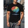 European Size Men'S Surreal Melting Brain Illustration T-Shirt - Casual Crew Neck, Polyester Knit Fabric, Slight Stretch, Geometric Pattern