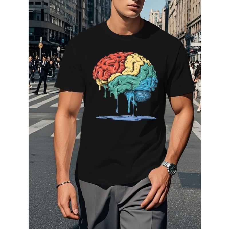 

European Size Men S Surreal Melting Brain Illustration T-Shirt - Casual Crew Neck, Polyester Knit Fabric, Slight Stretch, Geometric Pattern 4XL чорний