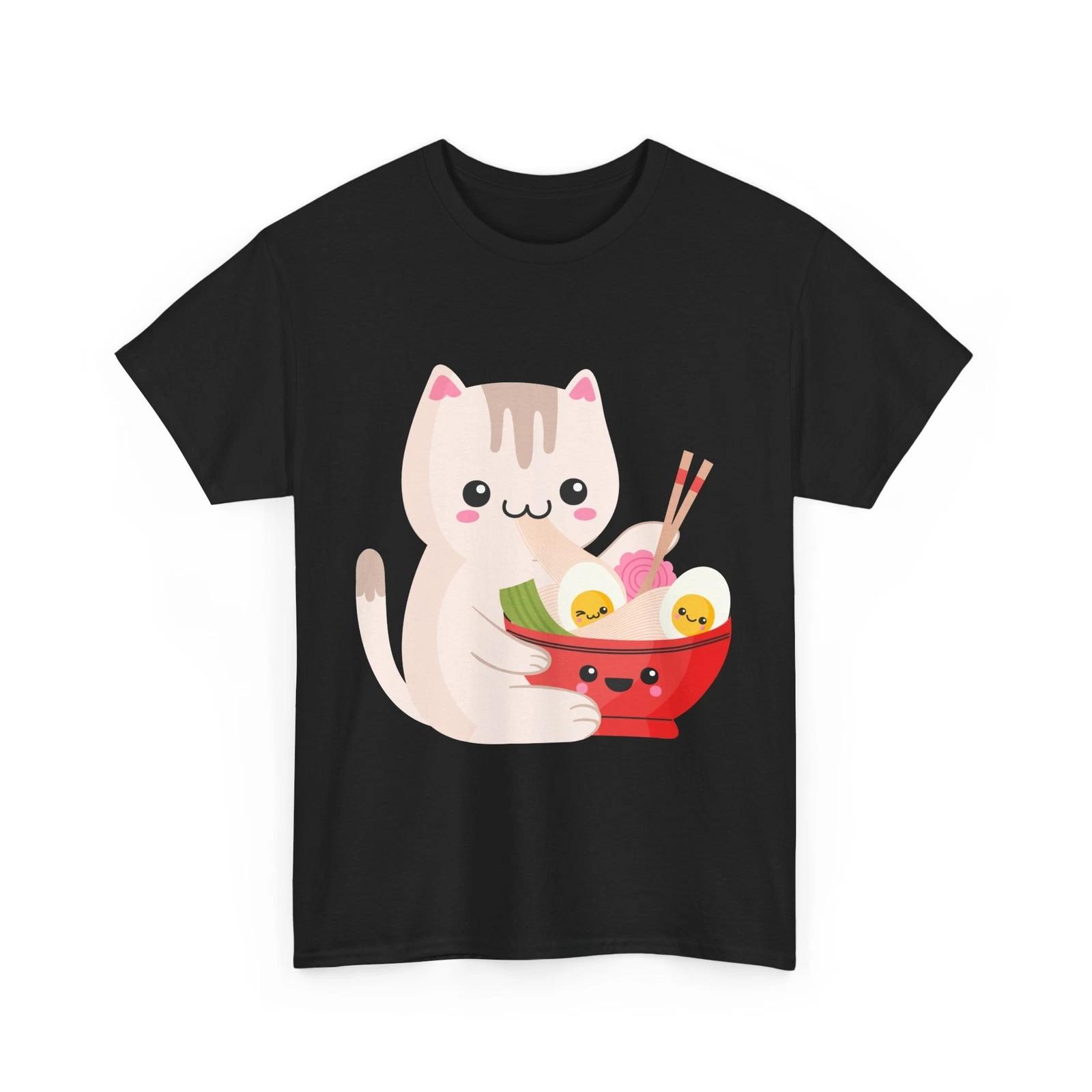 Kawaii Cat Shirt, Anime Cat Eating Ramen Shirt, Japanese Food Lovers Shirt L