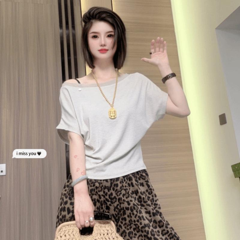 Summer New Slanted Shoulder Shirt Shirt Women's Design Sense Thin Versatile Off-shoulder Top