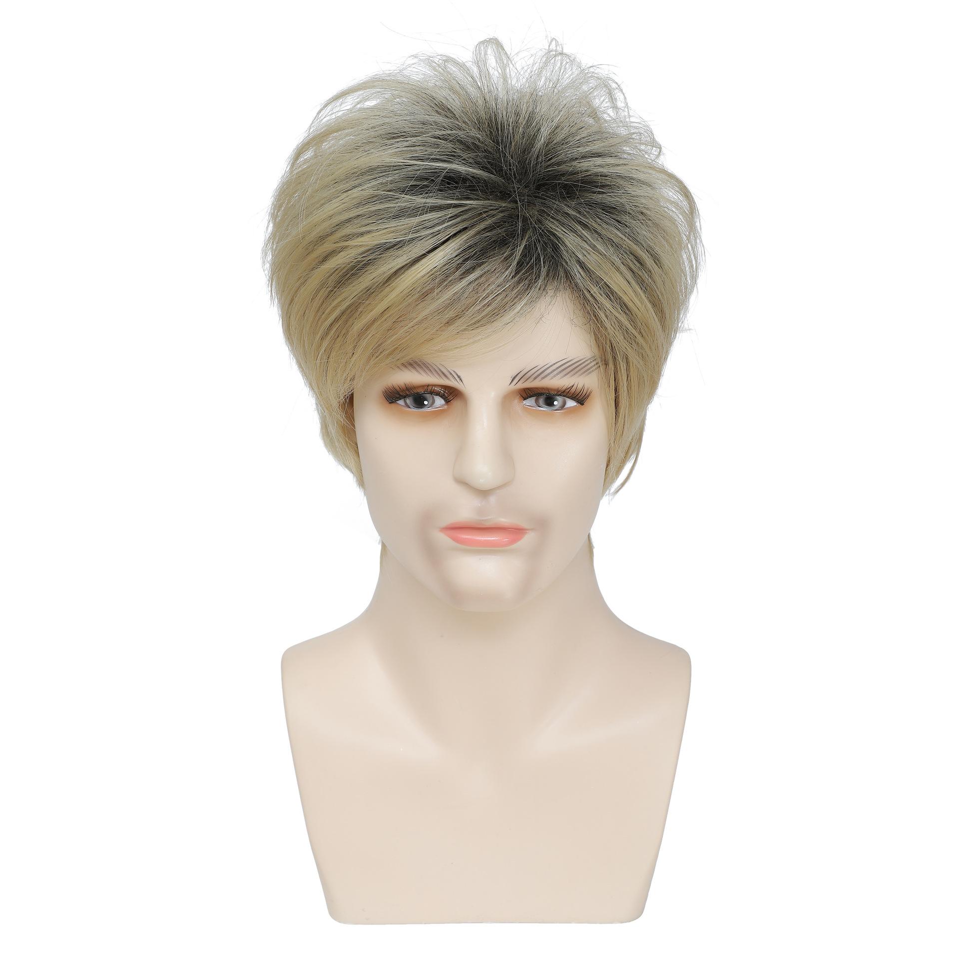 

Short Layered Hair with Bangs Men Synthetic Blonde Wig With Dark Roots for Male Daily Cosplay Party Heat Resistant Fibre світлий